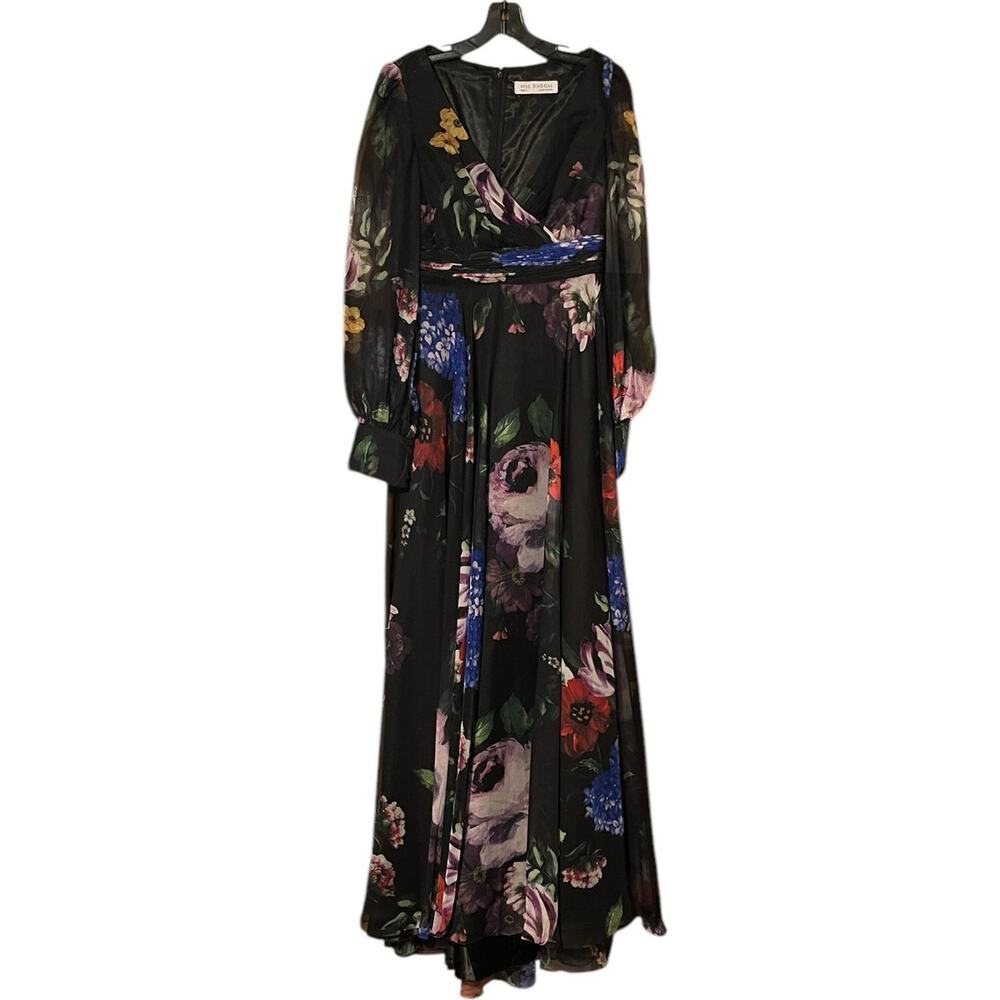 Mac Duggal NEW Size 6 67872 Black Floral Chiffon Bishop Sleeve Floral Print Gown - Picture 4 of 9